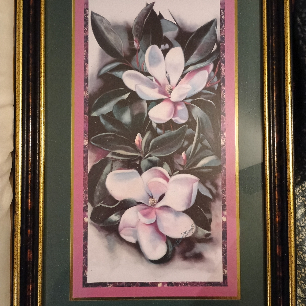 Sharon H. Baas Signed Framed Art Print Floral Still Life Flowers Portrait